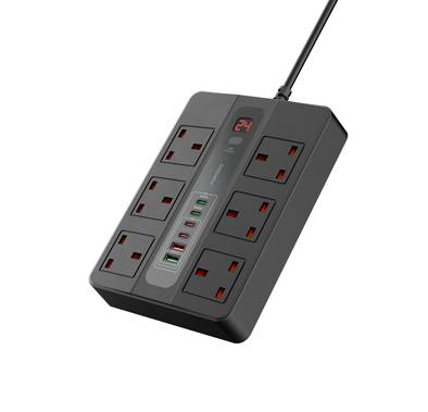 Porodo Multi-Port Super HUB Ultimate Home & Office Kit with 4 USB-C & 2 USB-A, 3m Cable Length, Universal Sockets, Built-in Safeguard, Over-Heat Protection - Black