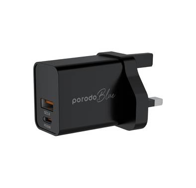 Porodo Blue Dual Port Wall Charger PD/QC  - Black