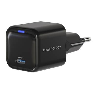 Powerology Ultra-Compact 20W Gan PD Charger EU, Compact Design, Fast Charging, Matt Surface, Overheat & Overvoltage & Overcharge Protection, USB-C Port - Black