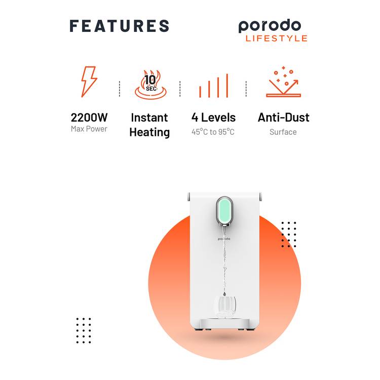 Porodo Lifestyle Instant Hot Water Dispenser with Automatic Ambient Lighting, 10-Second Instant Heating, 4 Levels Temperature Adjustment - White