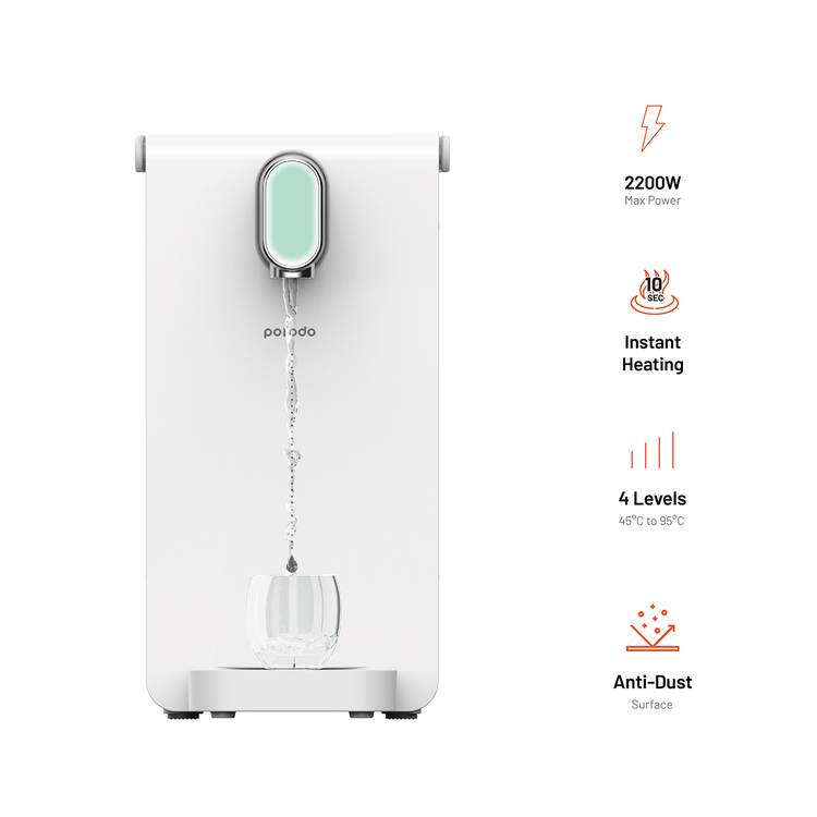 Porodo Lifestyle Instant Hot Water Dispenser with Automatic Ambient Lighting, 10-Second Instant Heating, 4 Levels Temperature Adjustment - White