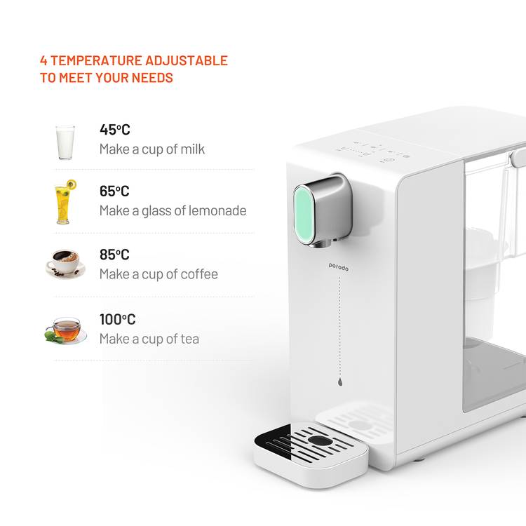 Porodo Lifestyle Instant Hot Water Dispenser with Automatic Ambient Lighting, 10-Second Instant Heating, 4 Levels Temperature Adjustment - White
