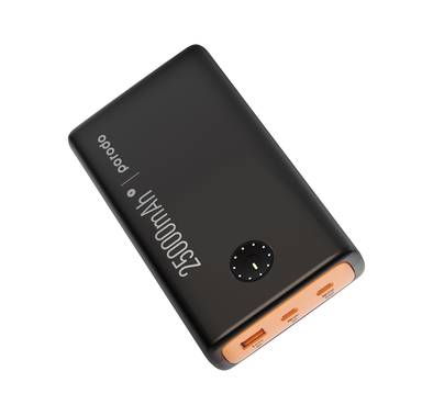 Porodo 25000mAh Compact Power Bank with Type-C to Type-C Cable Included, Dual 120W PD, Laptop Charging Compatibility, LED Indicator, 18W USB-A QC Output - Black