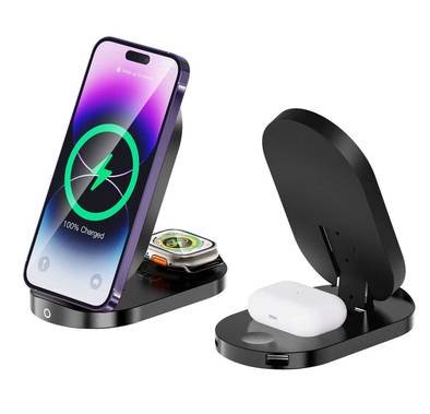 Green Lion 3 In 1 Foldable Bracket Wireless Charger - Black