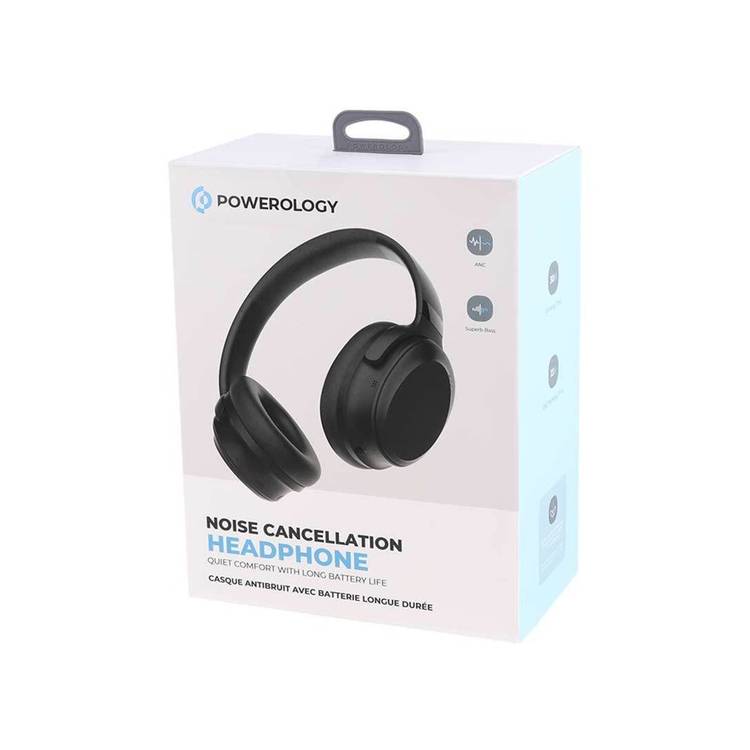 Powerology Noise Cancellation Headphones with Long Battery Life, Comfort Wear, Super Bass, 30 Hours Playtime, Type-C Charging Port, 5.3 Bluetooth Version, Foldable Design, ANC - Black