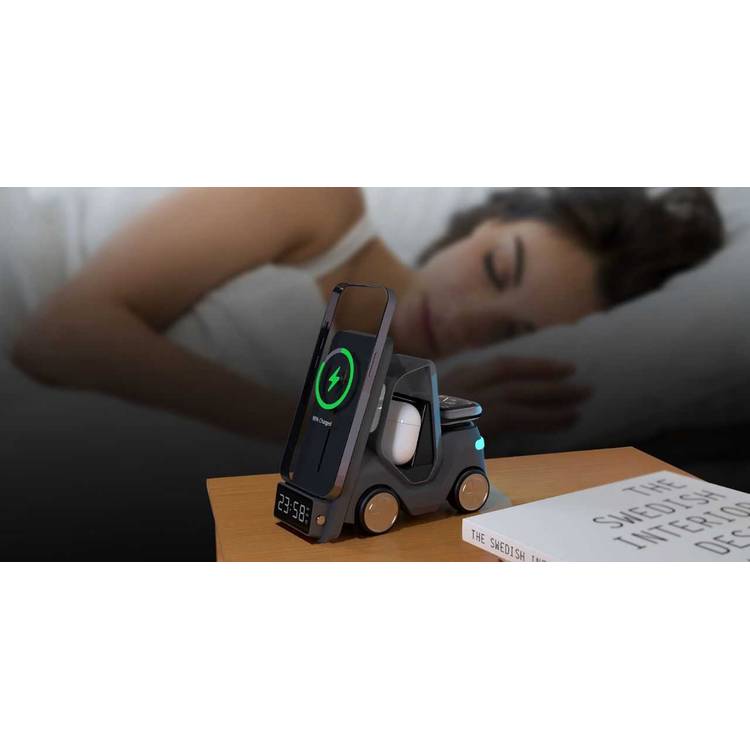 Green Lion Forklift 5 in 1 Wireless Charger, Night Light, Digital Clock, Earpod Charger 5W/Smart Watch 2.5W/Smart Phone 15W  - Black