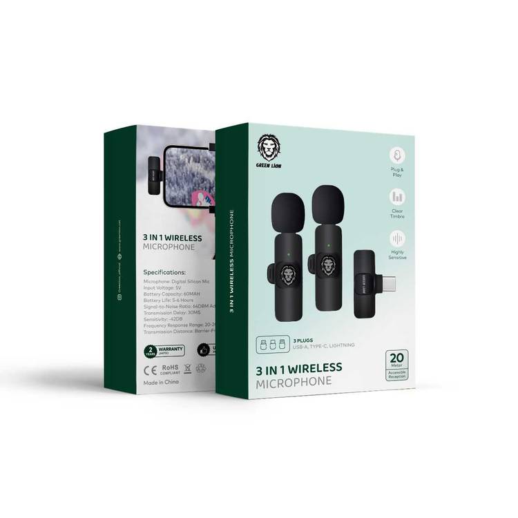 Green Lion 3-in-1 Wireless Microphone with 20 Meters Range, Highly Sensitive, 60mAh Battery Capacity, 5-6 Hours Battery Life - Black