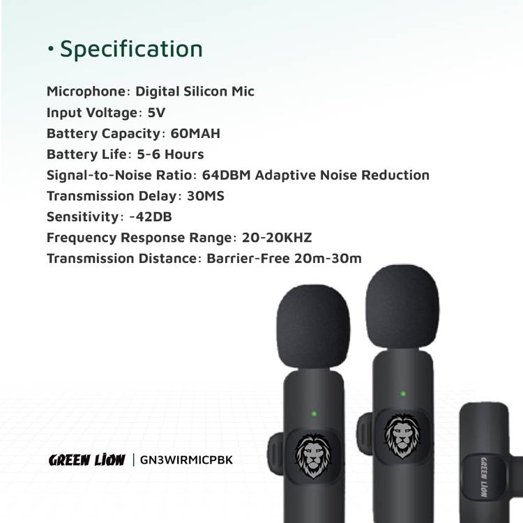 Green Lion 3-in-1 Wireless Microphone with 20 Meters Range, Highly Sensitive, 60mAh Battery Capacity, 5-6 Hours Battery Life - Black