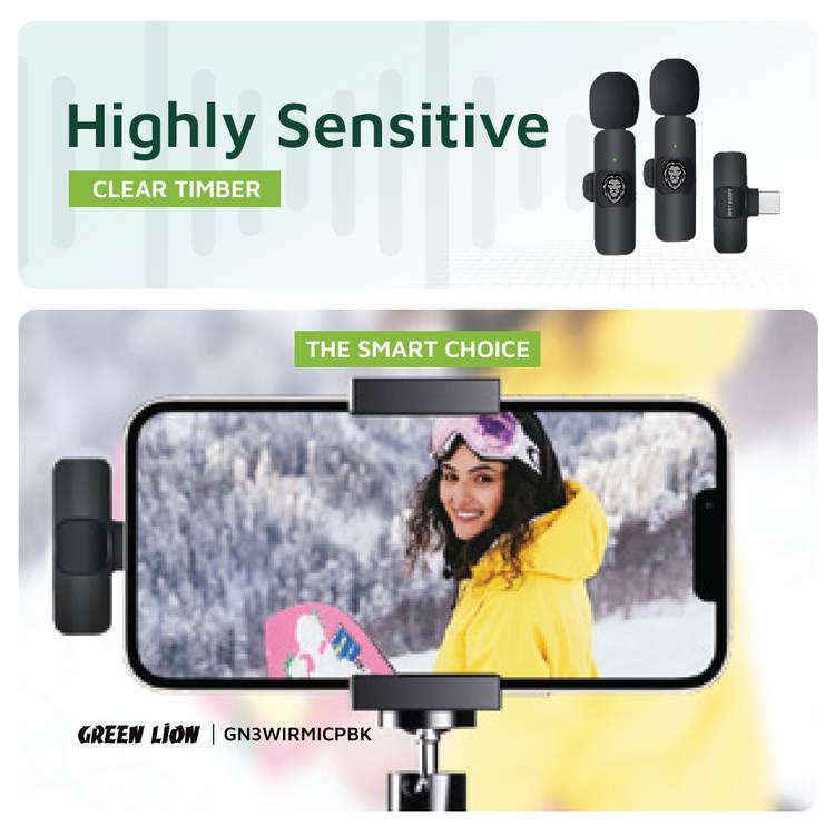 Green Lion 3-in-1 Wireless Microphone with 20 Meters Range, Highly Sensitive, 60mAh Battery Capacity, 5-6 Hours Battery Life - Black