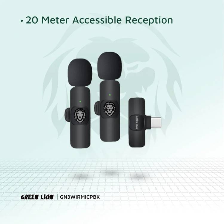 Green Lion 3-in-1 Wireless Microphone with 20 Meters Range, Highly Sensitive, 60mAh Battery Capacity, 5-6 Hours Battery Life - Black