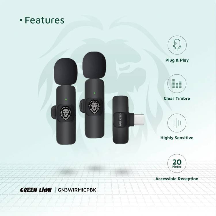 Green Lion 3-in-1 Wireless Microphone with 20 Meters Range, Highly Sensitive, 60mAh Battery Capacity, 5-6 Hours Battery Life - Black
