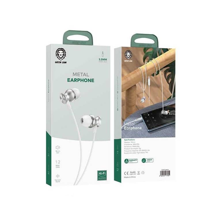 Green Lion Metal Wired Earphones with Crystal Clear Sound, Hi-Fi Audio, Chic Design, Premium Quality, 3.5mm Audio Jack, 10mm Speaker Size, High Elastic TPE Cable Material - White
