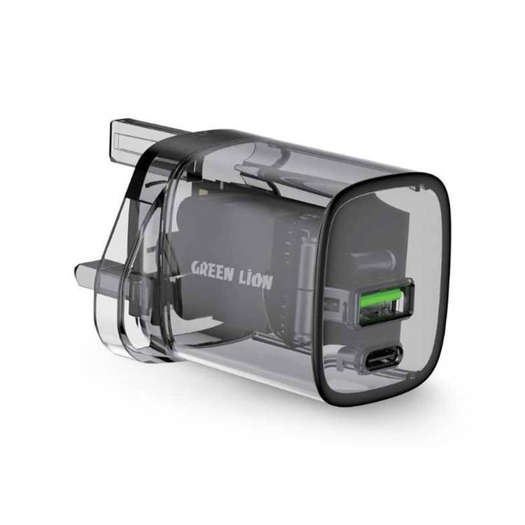 Green Lion Transparent Wall Charger, PD 33W, USB-A and USB-C Ports, Charging Protection, Overheat Protection, UK Plug - Black