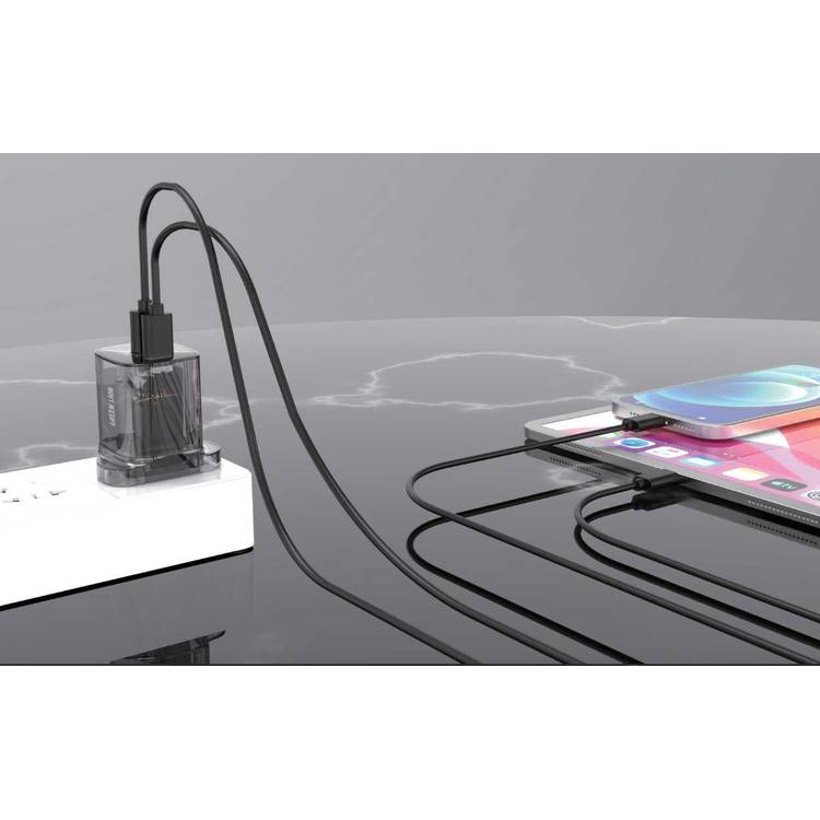 Green Lion Transparent Wall Charger, PD 33W, USB-A and USB-C Ports, Charging Protection, Overheat Protection, UK Plug - Black