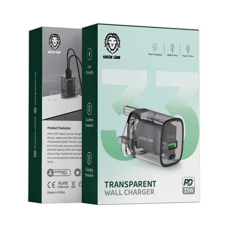 Green Lion Transparent Wall Charger, PD 33W, USB-A and USB-C Ports, Charging Protection, Overheat Protection, UK Plug - Black