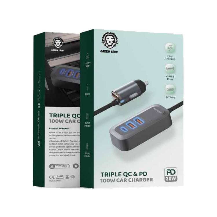 Green Lion Triple QC & PD Car Charger with 100W Total Output, USB-C & ×3 USB-A Ports, Fast Charging, Premium Materials, Charging Protection, Overheat Protection - Black