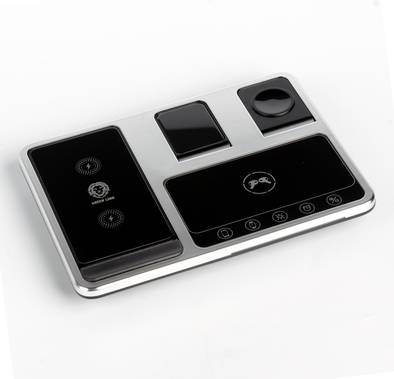 Green Lion 4 in 1 Wireless Charging Station 15W, Innovative Design, Digital Clock, Type- C Input, One Touch Automatic Lift, 5W Earphones Output, 2.5W Watch Output - Gray