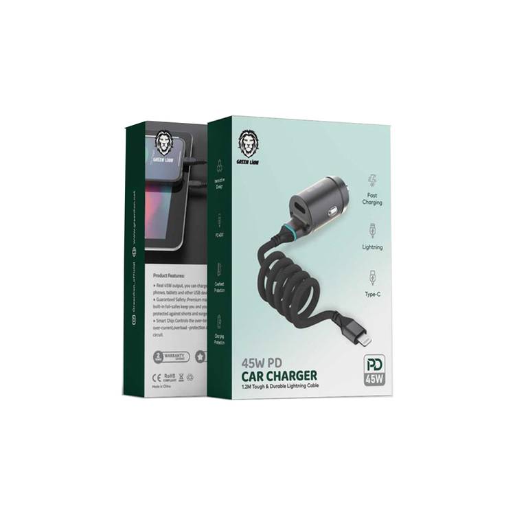 Green Lion 45W PD Car Charger with Integrated Lightning Cable, Charging Protection, Overheat Protection, Innovative Design, Compact & Lightweight - Black