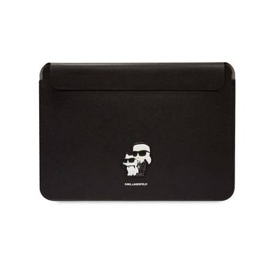 Karl Lagerfeld  Saffiano Laptop Sleeve for Computer 13" / 14" with Karl & Choupette NFT Logo, Genuine Leather Material, Water-Resistant, Magnetic Lock - Black