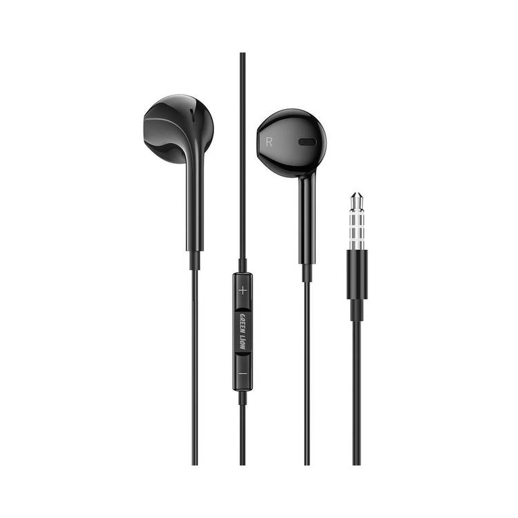 Green Lion Stereo Earphones with Built-in Microphone, 14mm Speaker, 1.2m Cable Length, 3.5mm Audio Jack, Control Buttons - Black