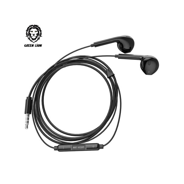 Green Lion Stereo Earphones with Built-in Microphone, 14mm Speaker, 1.2m Cable Length, 3.5mm Audio Jack, Control Buttons - Black