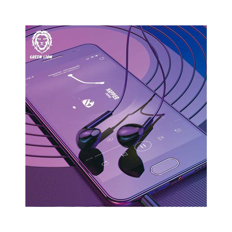 Green Lion Stereo Earphones with Built-in Microphone, 14mm Speaker, 1.2m Cable Length, 3.5mm Audio Jack, Control Buttons - Black