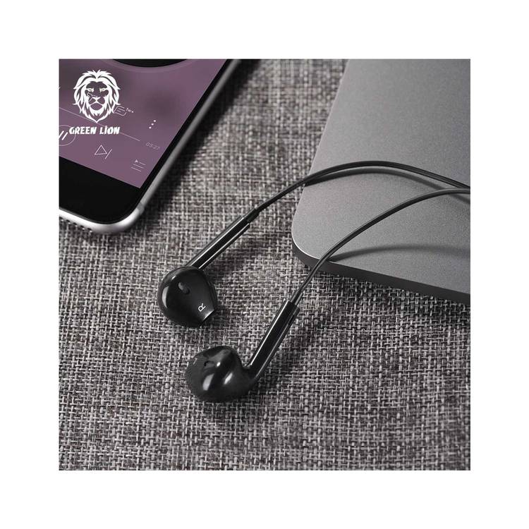 Green Lion Stereo Earphones with Built-in Microphone, 14mm Speaker, 1.2m Cable Length, 3.5mm Audio Jack, Control Buttons - Black