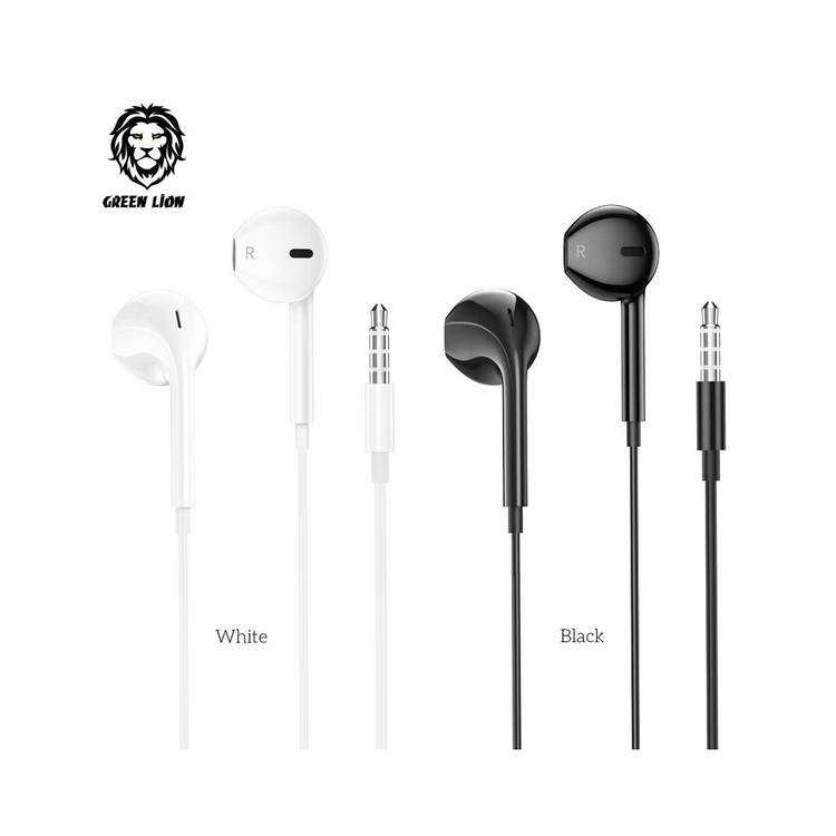 Green Lion Stereo Earphones with Built-in Microphone, 14mm Speaker, 1.2m Cable Length, 3.5mm Audio Jack, Control Buttons - Black