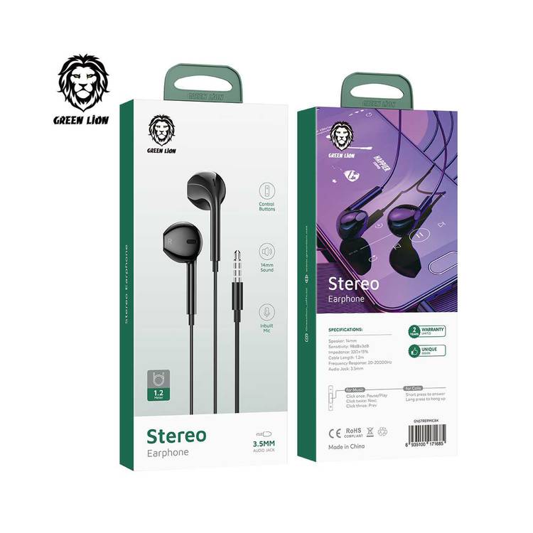 Green Lion Stereo Earphones with Built-in Microphone, 14mm Speaker, 1.2m Cable Length, 3.5mm Audio Jack, Control Buttons - Black