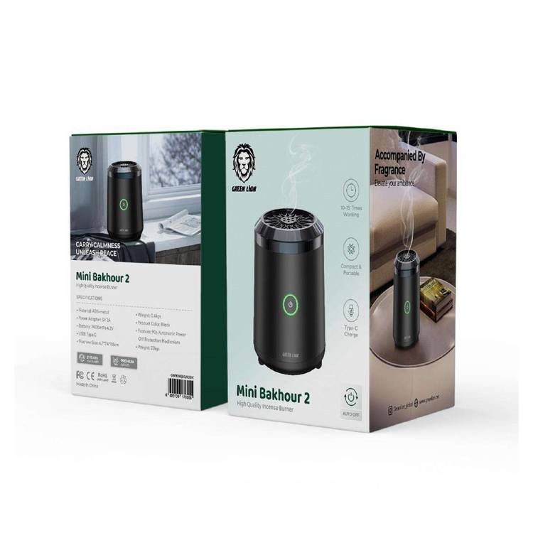 Green Lion Mini Bakhour 2 High Quality Incense Burner, 2000 mAh Battery Capacity, Type-C Charging, 15 Times Per Charging Working Time, Accompanied by Fragrance - Black