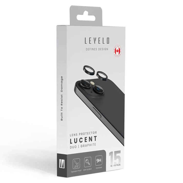 Levelo Lucent Duo 9H Hardness Camera Lens Protector for iPhone 15 / 15 Plus, Perfect Fit, 9H Hardness, Explosion Proof, Easy Install & Removal, Anti-Scratch & Anti-Drop - Graphite