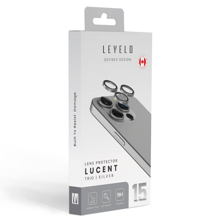 Levelo Lucent Trio 9H Hardness Camera Lens Protector (3PCS), Compatible with iPhone 15 Pro Max / 15 Pro, Anti-Fingerprint & Blur, 9H Hardness, Convex Ring - Silver 