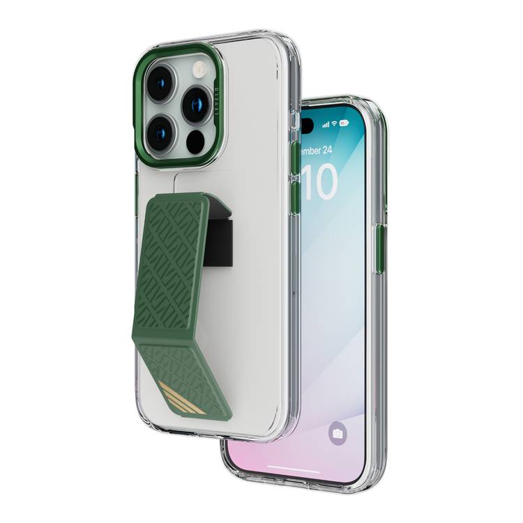 Levelo Morphix Clara Grip Case for iPhone 15 Pro, Premium Leather Kickstand Grip, Shock Proof Edges, 3H Anti Scratch, Reinforced Corners with Airguard, Multi Positioning Modes for Ultimate Protection and Convenience - Green