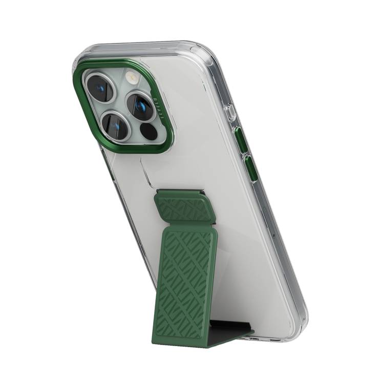 Levelo Morphix Clara Grip Case for iPhone 15 Pro, Premium Leather Kickstand Grip, Shock Proof Edges, 3H Anti Scratch, Reinforced Corners with Airguard, Multi Positioning Modes for Ultimate Protection and Convenience - Green