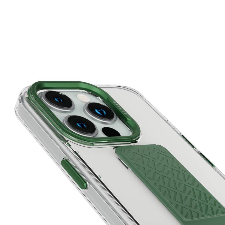 Levelo Morphix Clara Grip Case for iPhone 15 Pro, Premium Leather Kickstand Grip, Shock Proof Edges, 3H Anti Scratch, Reinforced Corners with Airguard, Multi Positioning Modes for Ultimate Protection and Convenience - Green