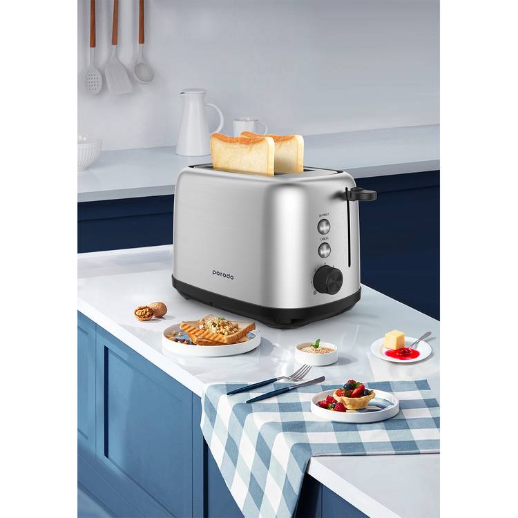 Porodo Lifestyle Golden Brown Toaster with Defrost Function, 6 Browning Options, 750W Power, Aluminum & ABS Material, Breadcrumbs Tray - Black