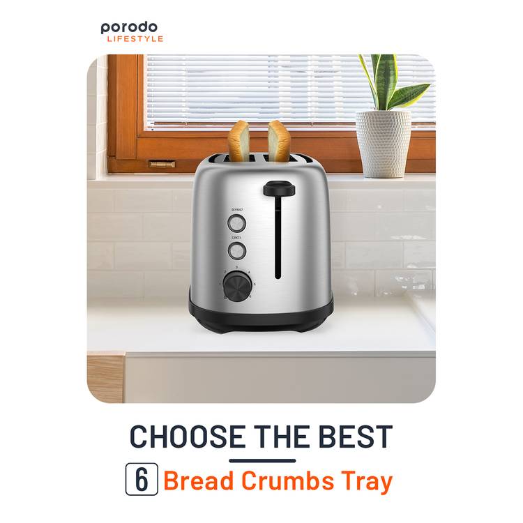 Porodo Lifestyle Golden Brown Toaster with Defrost Function, 6 Browning Options, 750W Power, Aluminum & ABS Material, Breadcrumbs Tray - Black