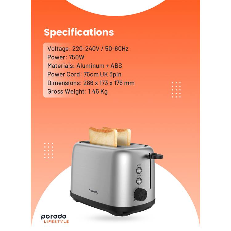 Porodo Lifestyle Golden Brown Toaster with Defrost Function, 6 Browning Options, 750W Power, Aluminum & ABS Material, Breadcrumbs Tray - Black