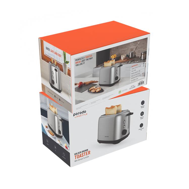 Porodo Lifestyle Golden Brown Toaster with Defrost Function, 6 Browning Options, 750W Power, Aluminum & ABS Material, Breadcrumbs Tray - Black