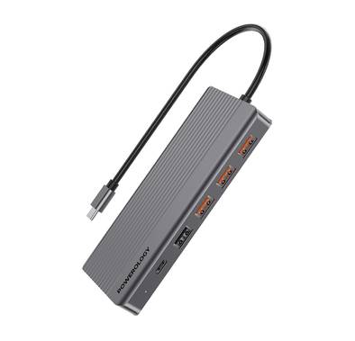 Powerology 13-in-1 USB-C Hub, 4K, HDMI, Type-C, 100W PD, Ethernet, USB SD MicroSD, 3.5 AUX - Gray