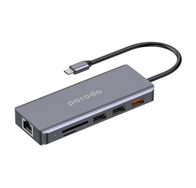 Porodo 9-in-1 USB-C Hub 4K HDMI Ethernet with 100W Power Delivery, 3.5mm Aux, USB-C Version 3.2, 10Gbps Data Transfer Speed, SD & Micro SD Memory Slot - Gray