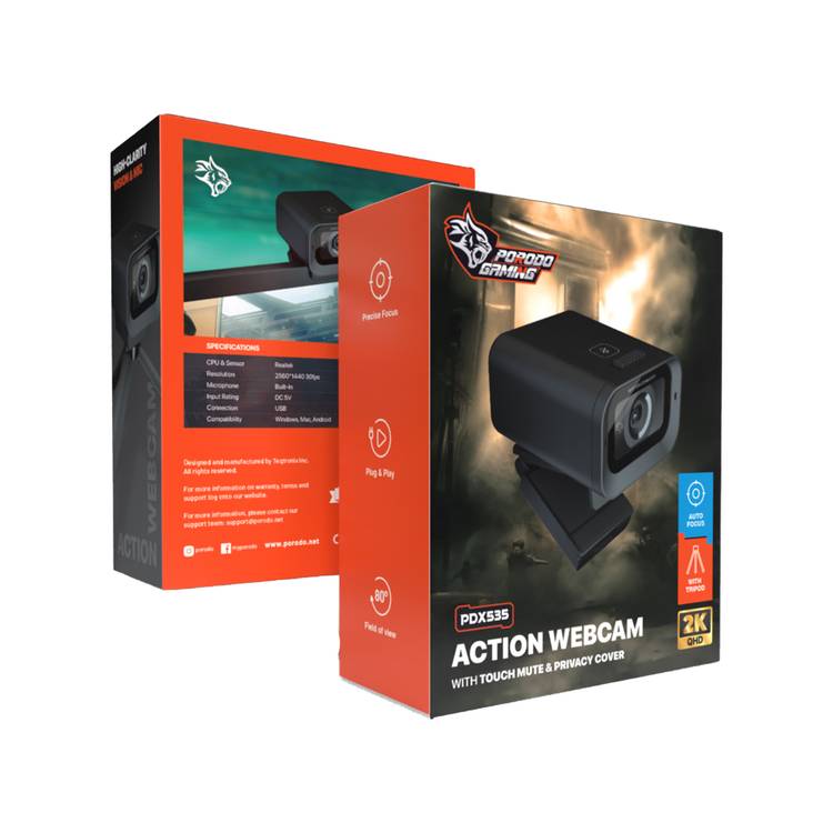 Porodo Gaming Auto Focus Web Cam with Tripod, Built-in Microphone, Precise Focus, 80° Field of View, Plug & Play, USB Connection, Realtek Sensor & CPU - Black