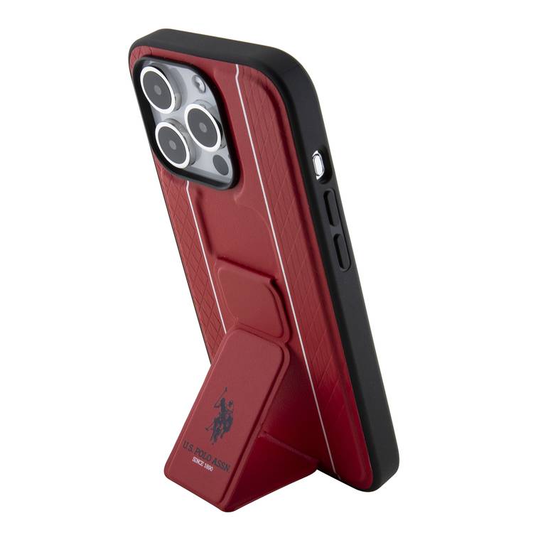 U.S.Polo Assn. PU Leather Textured Pattern Grip Stand Case for iPhone 15 Series - Red - iPhone 15 Pro Max