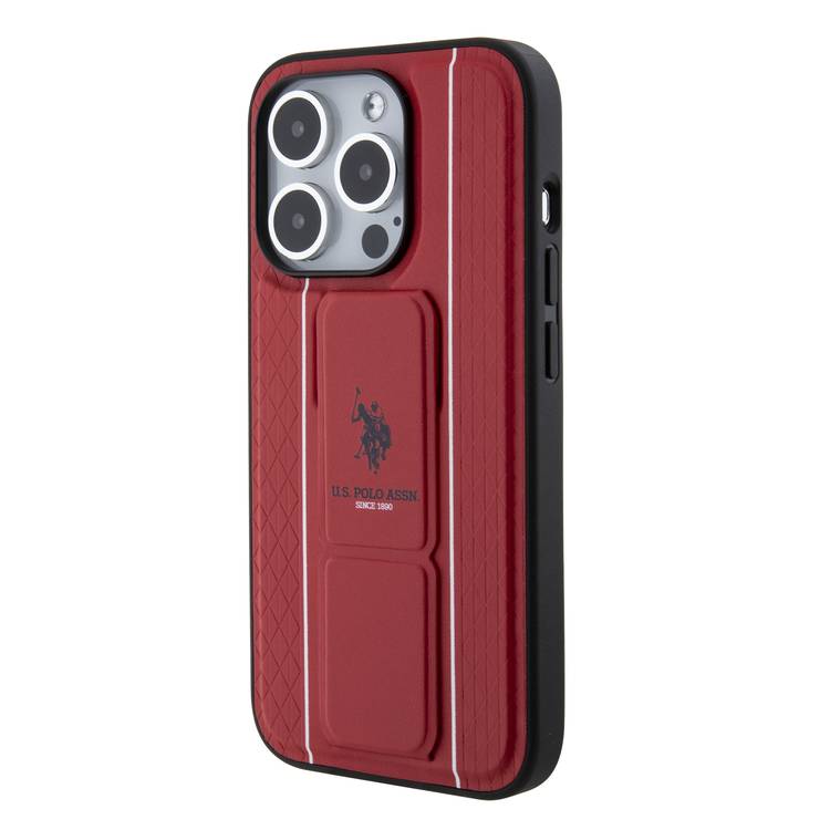 U.S.Polo Assn. PU Leather Textured Pattern Grip Stand Case for iPhone 15 Series - Red - iPhone 15 Pro Max