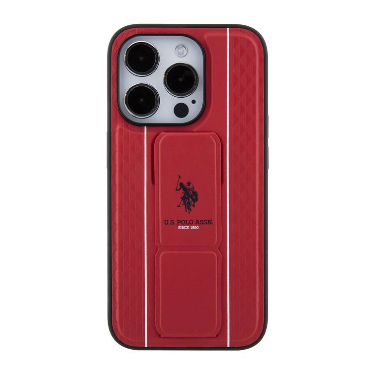 U.S.Polo Assn. PU Leather Textured Pattern Grip Stand Case for iPhone 15 Series - Red - iPhone 15 Pro Max
