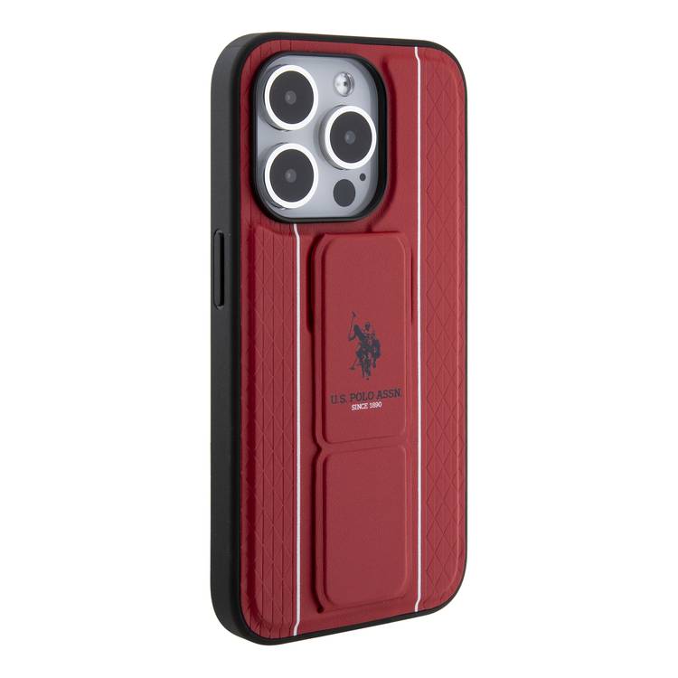 U.S.Polo Assn. PU Leather Textured Pattern Grip Stand Case for iPhone 15 Series - Red - iPhone 15 Pro Max