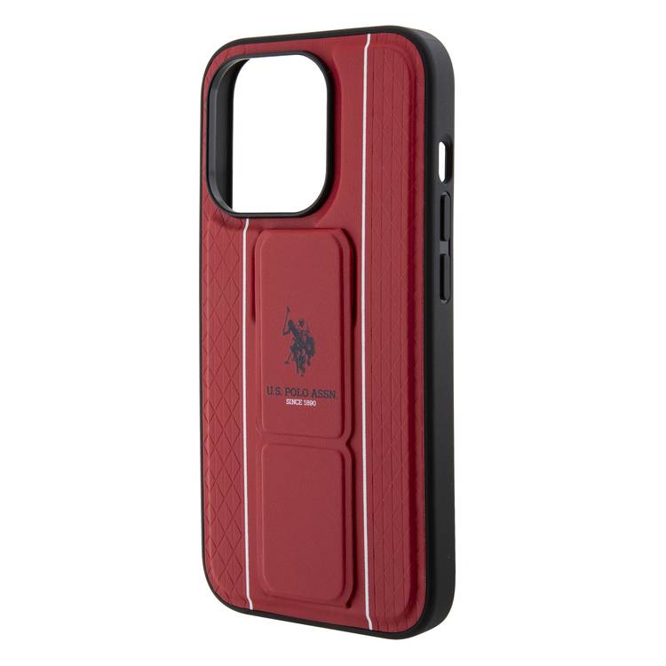 U.S.Polo Assn. PU Leather Textured Pattern Grip Stand Case for iPhone 15 Series - Red - iPhone 15 Pro Max