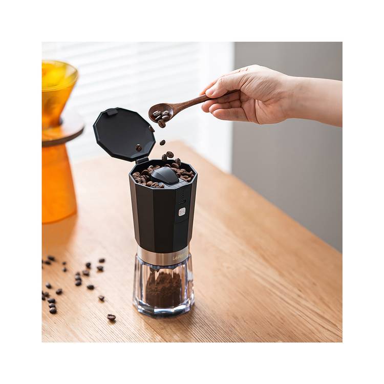 LePresso Rechargeable Coffee Grinder with 35g Capacity, 40 Cups per a Single Charge, 420ss High-Grade Steel, 800mAh Battery, 18W Rated Power - Black