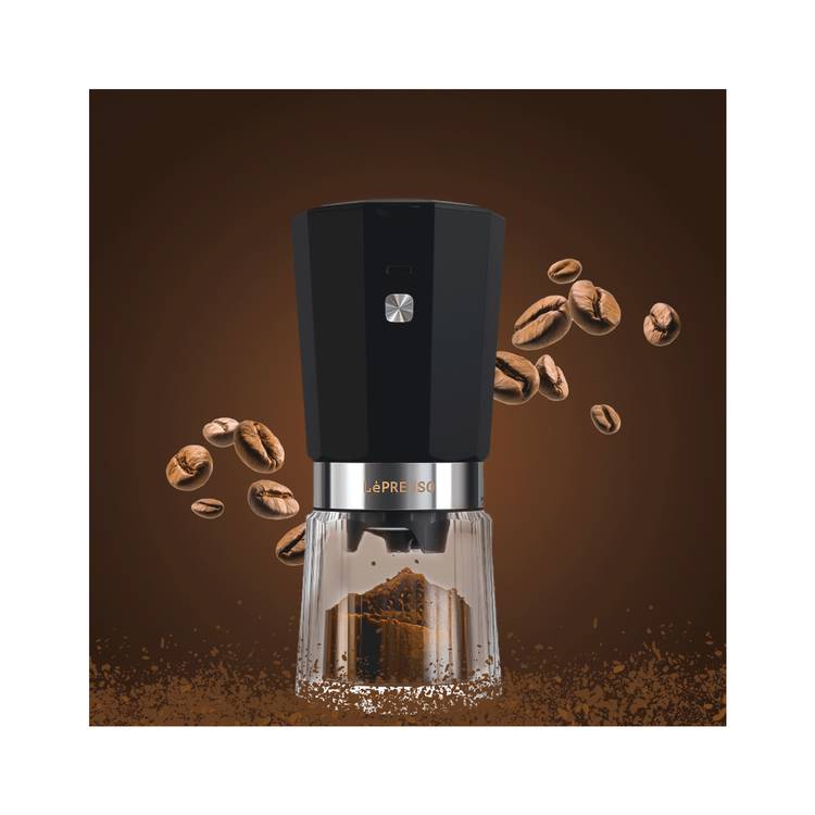 LePresso Rechargeable Coffee Grinder with 35g Capacity, 40 Cups per a Single Charge, 420ss High-Grade Steel, 800mAh Battery, 18W Rated Power - Black