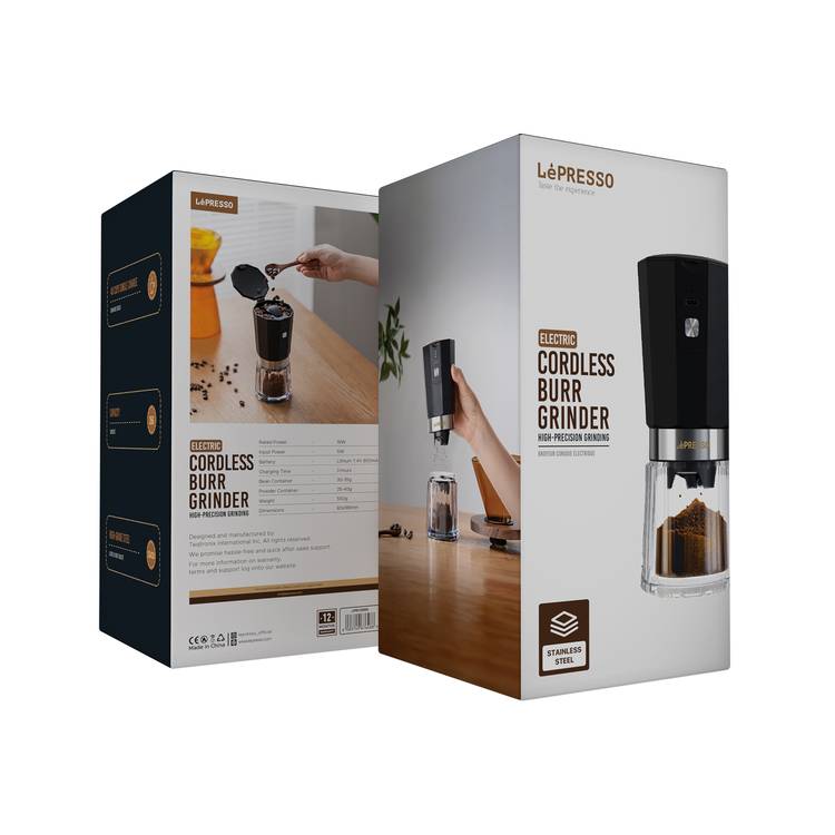 LePresso Rechargeable Coffee Grinder with 35g Capacity, 40 Cups per a Single Charge, 420ss High-Grade Steel, 800mAh Battery, 18W Rated Power - Black
